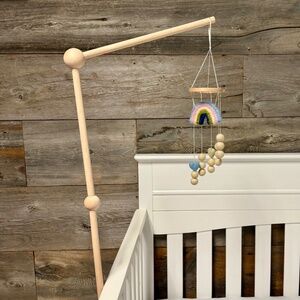 Handmade Mini Baby Mobile- Blue Felt Rainbow with Hearts and Poms